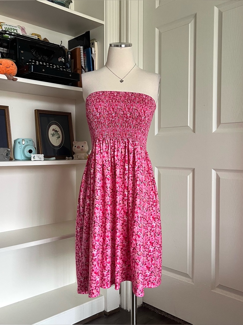Spring fun Pink floral midi dress with smocked bodice